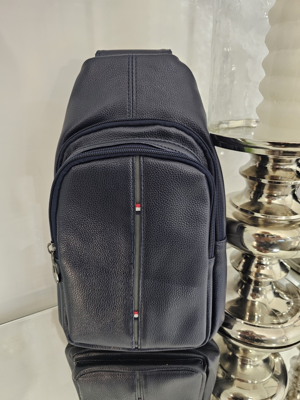 Men's Navy Leather Sling Bag - Classic Compact Carry